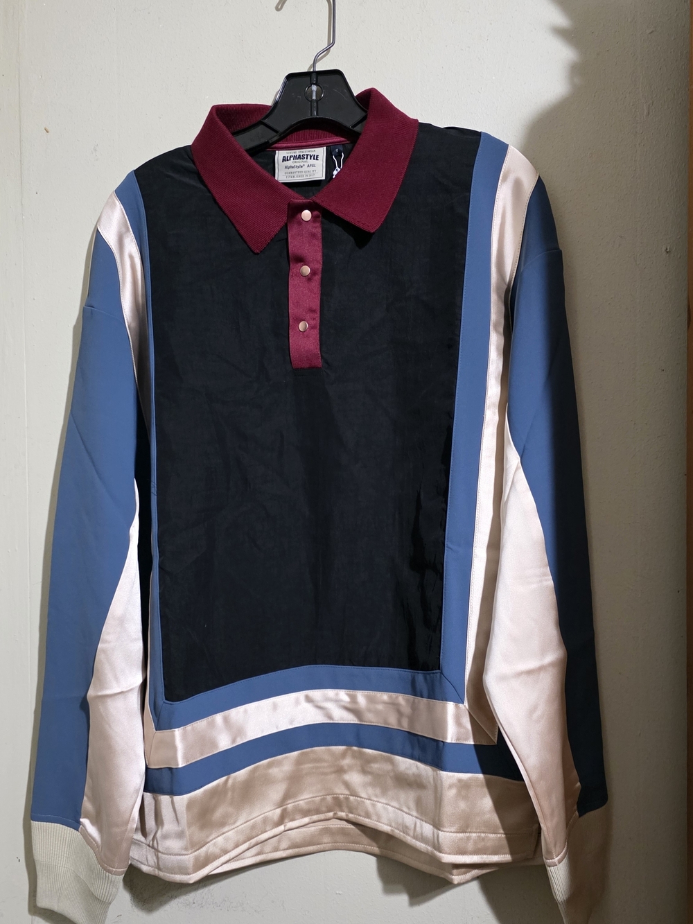 ALPHASTYLE Long-Sleeve Colorblock Polo in Black, Blue & Cream Mens Size S